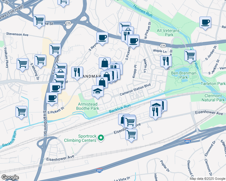 map of restaurants, bars, coffee shops, grocery stores, and more near 5269 Pocosin Lane in Alexandria