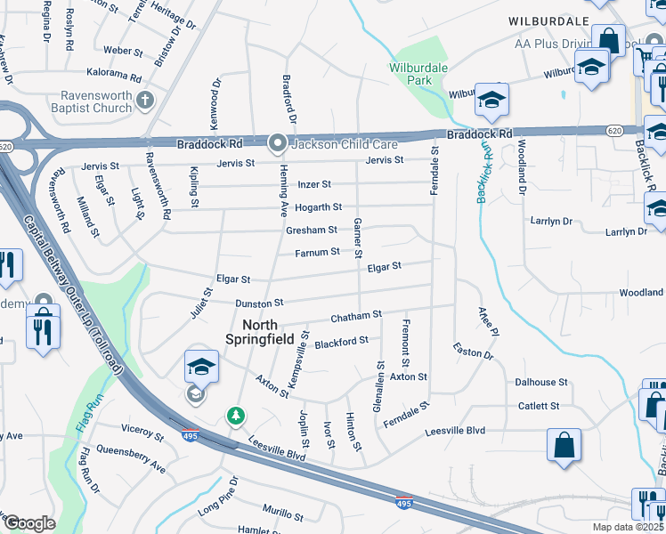 map of restaurants, bars, coffee shops, grocery stores, and more near 7406 Elgar Street in Springfield