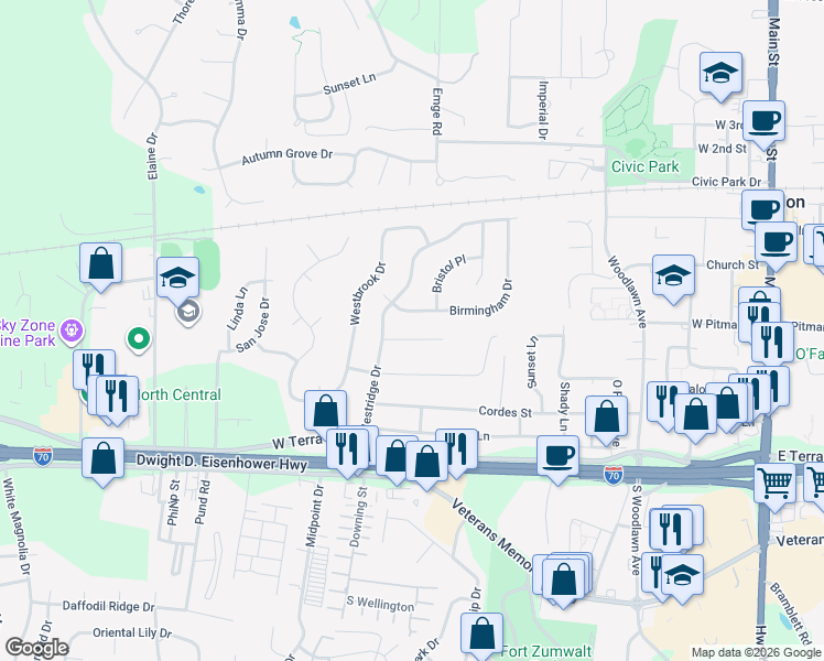 map of restaurants, bars, coffee shops, grocery stores, and more near 735 Winston Place in O'Fallon