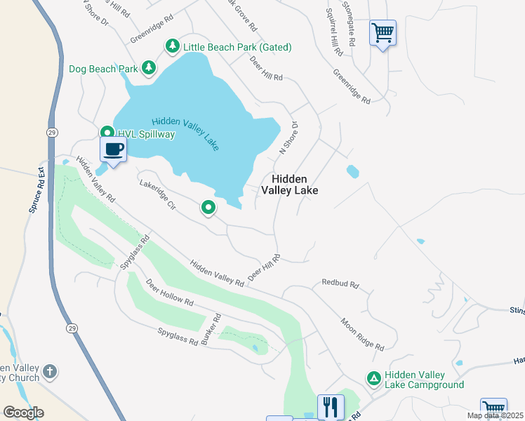 map of restaurants, bars, coffee shops, grocery stores, and more near 19316 North Shore Court in Hidden Valley Lake