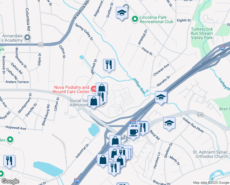 map of restaurants, bars, coffee shops, grocery stores, and more near 6495 Tayack Place in Alexandria