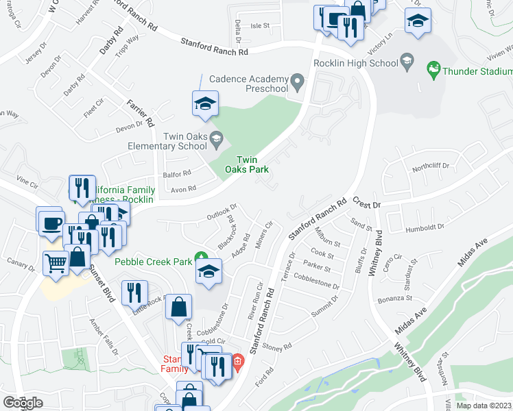 map of restaurants, bars, coffee shops, grocery stores, and more near 5504 Adobe Court in Rocklin