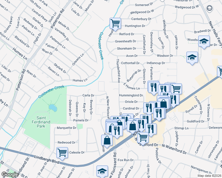 map of restaurants, bars, coffee shops, grocery stores, and more near 5 Beavertail Court in Florissant