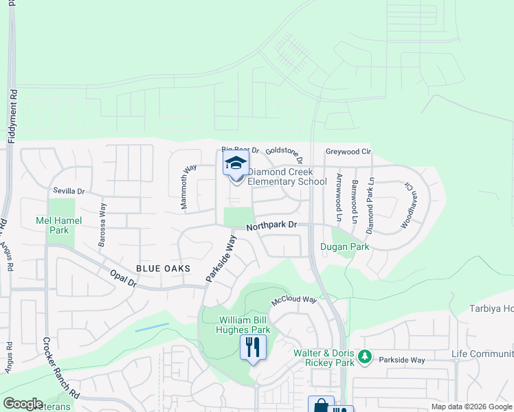map of restaurants, bars, coffee shops, grocery stores, and more near 3126 Hopscotch Way in Roseville