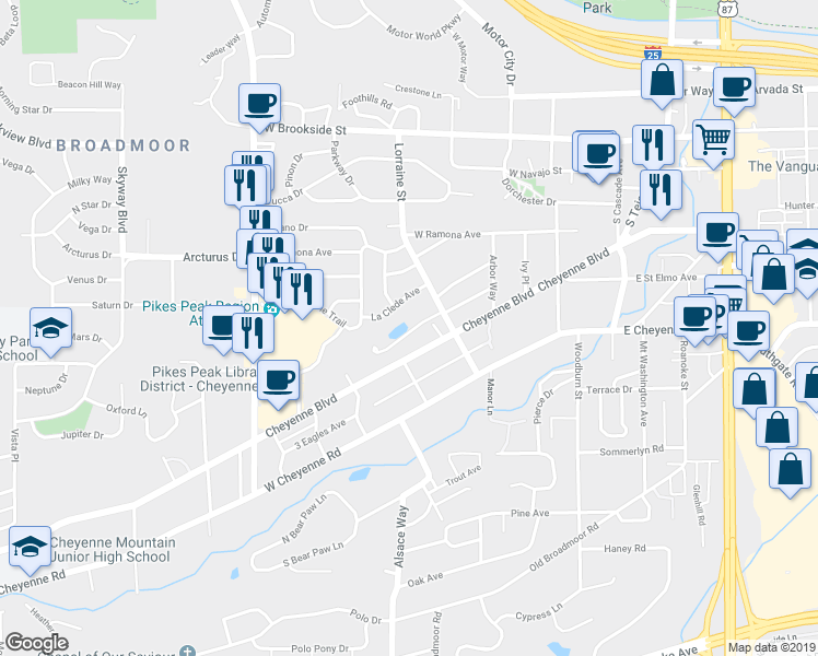 map of restaurants, bars, coffee shops, grocery stores, and more near 1702 Lorraine Street in Colorado Springs