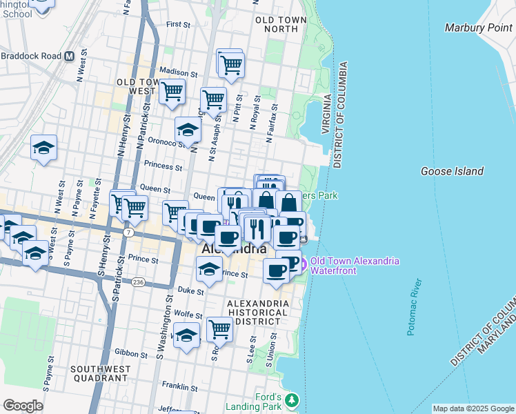 map of restaurants, bars, coffee shops, grocery stores, and more near in Alexandria