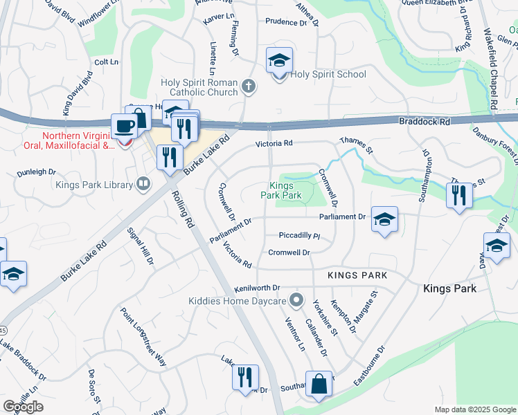 map of restaurants, bars, coffee shops, grocery stores, and more near 5220 Kings Park Drive in Springfield
