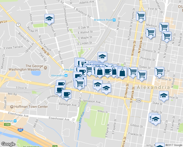 map of restaurants, bars, coffee shops, grocery stores, and more near 1711 King Street in Alexandria