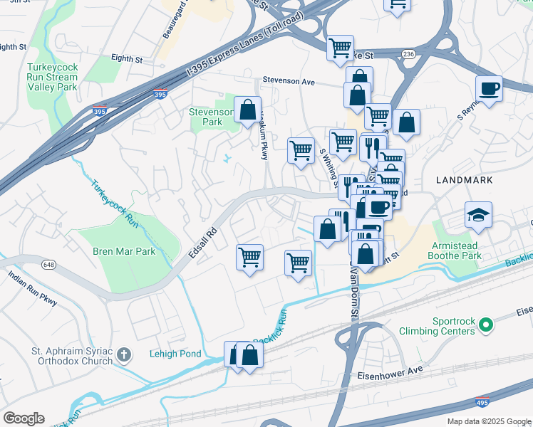 map of restaurants, bars, coffee shops, grocery stores, and more near 6104 Edsall Road in Alexandria