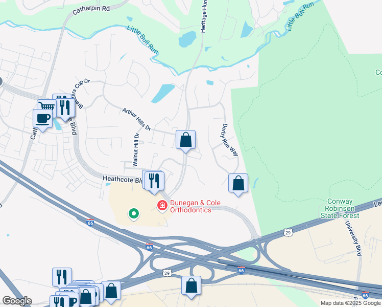 map of restaurants, bars, coffee shops, grocery stores, and more near 7065 Heritage Hunt Drive in Gainesville