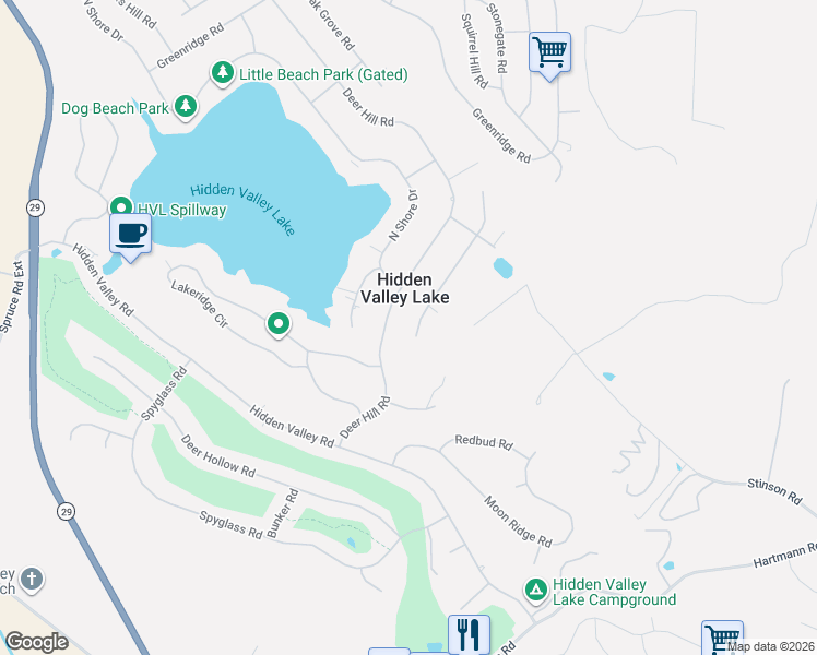 map of restaurants, bars, coffee shops, grocery stores, and more near 17516 Meadow View Drive in Hidden Valley Lake