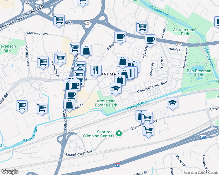 map of restaurants, bars, coffee shops, grocery stores, and more near Stabler Lane in Alexandria