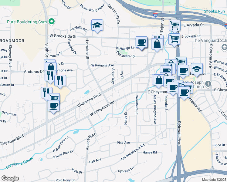 map of restaurants, bars, coffee shops, grocery stores, and more near 1811 Strasbourg Point in Colorado Springs