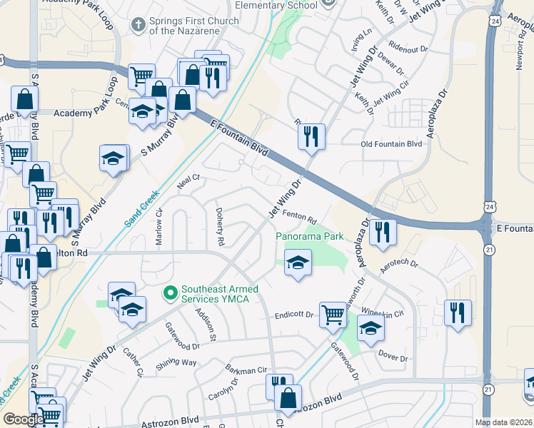 map of restaurants, bars, coffee shops, grocery stores, and more near 4498 Harwood Rd in Colorado Springs