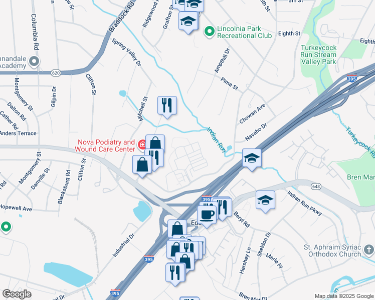 map of restaurants, bars, coffee shops, grocery stores, and more near 5309 Chieftain Circle in Alexandria