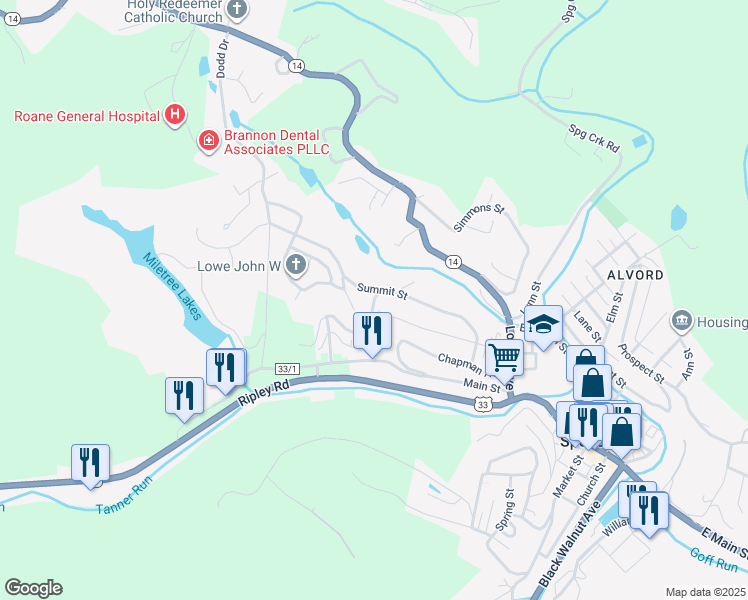 map of restaurants, bars, coffee shops, grocery stores, and more near 115 Summit Ln in Spencer