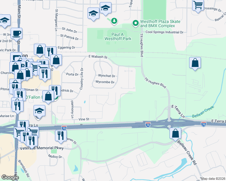 map of restaurants, bars, coffee shops, grocery stores, and more near 402 Duchesne Avenue in O'Fallon