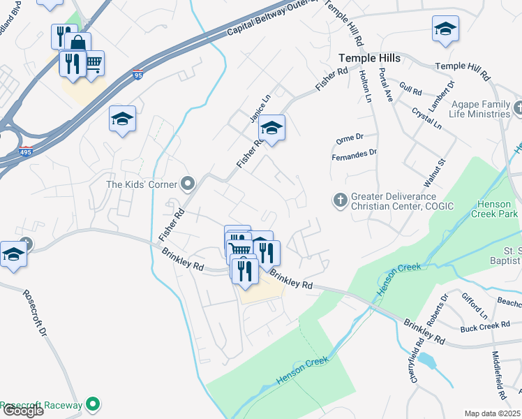 map of restaurants, bars, coffee shops, grocery stores, and more near 3208 Mulberry Lane in Temple Hills