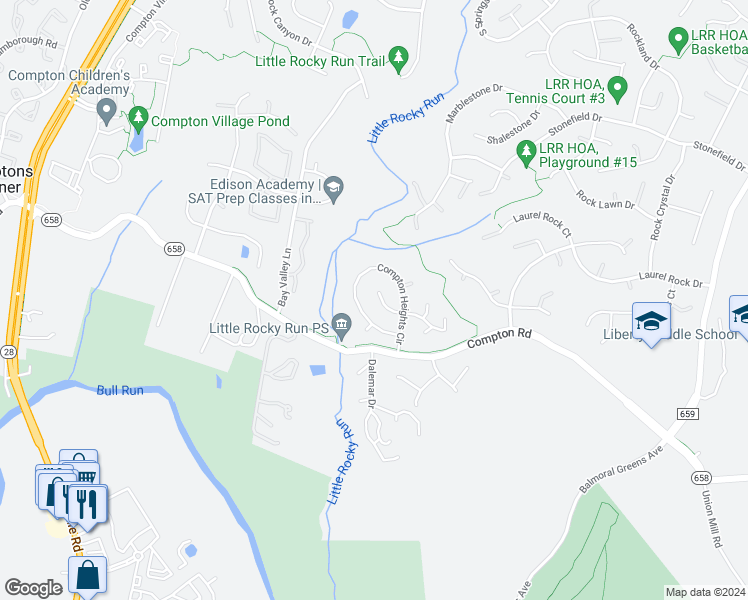 map of restaurants, bars, coffee shops, grocery stores, and more near 14045 Compton Heights Court in Clifton