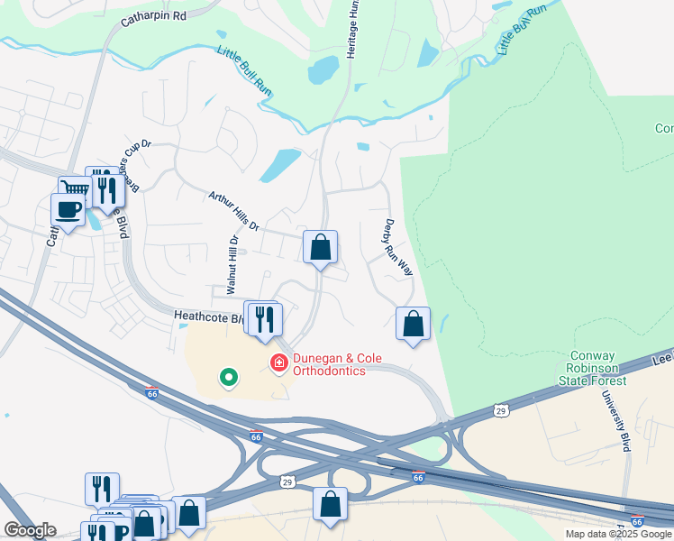 map of restaurants, bars, coffee shops, grocery stores, and more near 7065 Heritage Hunt Drive in Gainesville