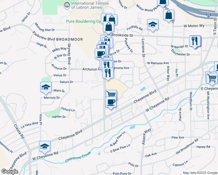 map of restaurants, bars, coffee shops, grocery stores, and more near 1769 South 8th Street in Colorado Springs