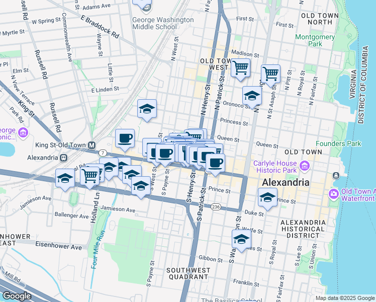 map of restaurants, bars, coffee shops, grocery stores, and more near 1170 Cameron Street in Alexandria