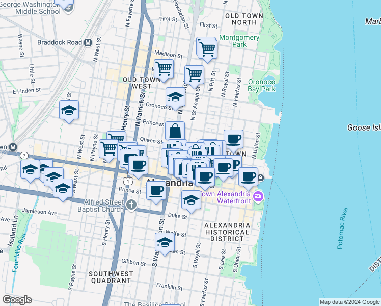 map of restaurants, bars, coffee shops, grocery stores, and more near 221 North Saint Asaph Street in Alexandria