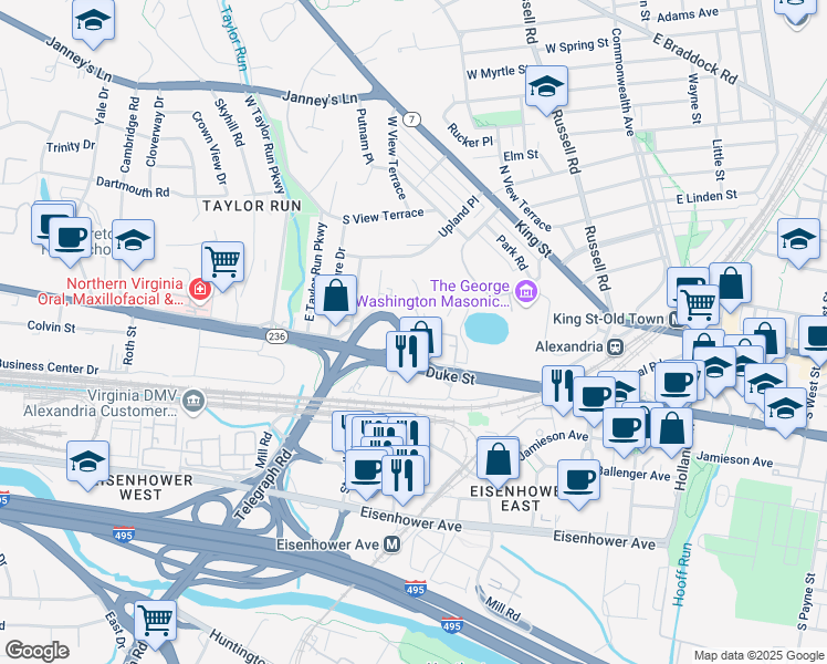 map of restaurants, bars, coffee shops, grocery stores, and more near 102 Roberts Lane in Alexandria
