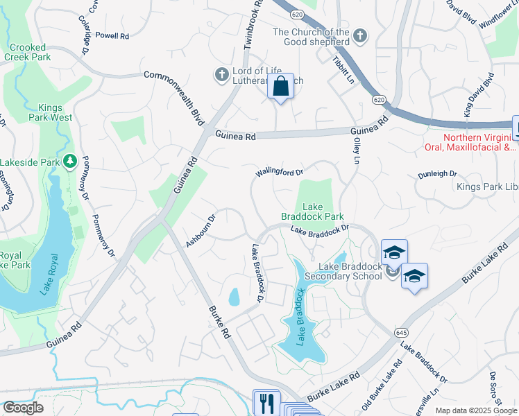 map of restaurants, bars, coffee shops, grocery stores, and more near 9527 Wallingford Drive in Burke