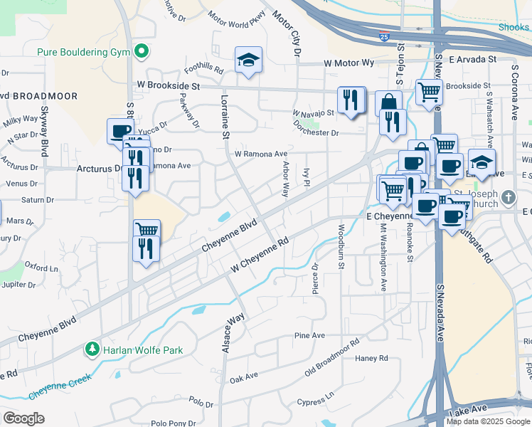 map of restaurants, bars, coffee shops, grocery stores, and more near 215 Cheyenne Boulevard in Colorado Springs