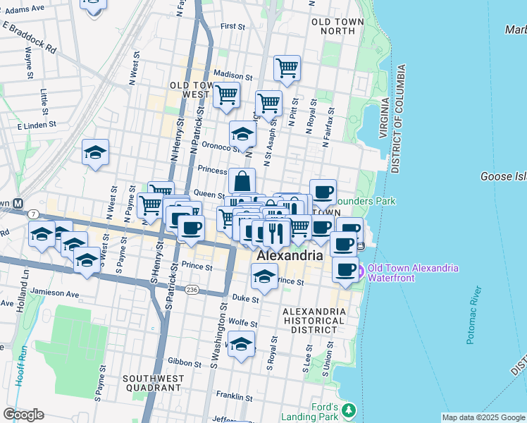 map of restaurants, bars, coffee shops, grocery stores, and more near 221 North Saint Asaph Street in Alexandria