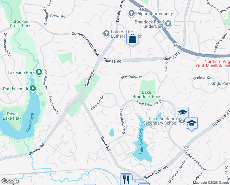 map of restaurants, bars, coffee shops, grocery stores, and more near 9524 Ashbourn Drive in Burke