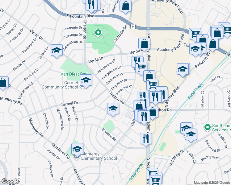 map of restaurants, bars, coffee shops, grocery stores, and more near 3535 Ironwood Place in Colorado Springs