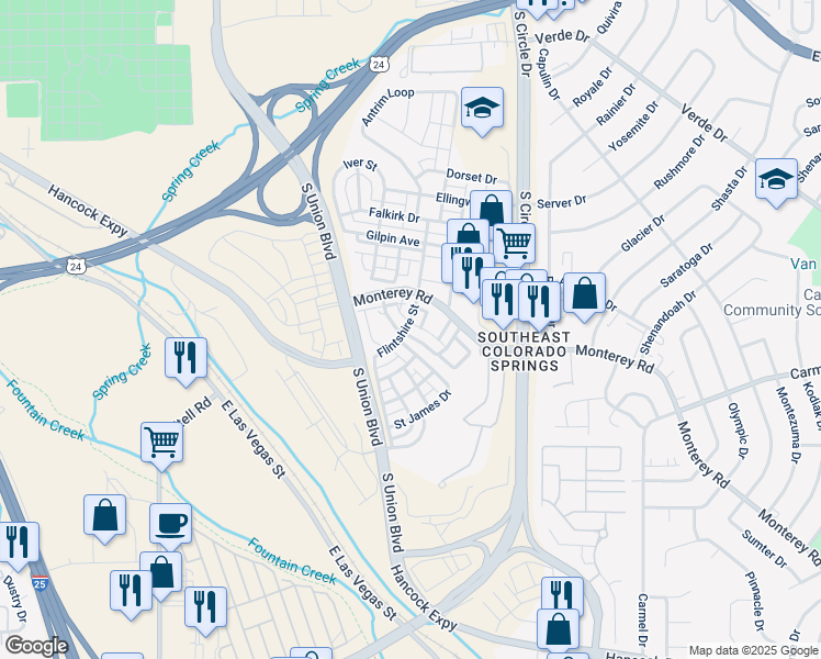 map of restaurants, bars, coffee shops, grocery stores, and more near 2314 Saint Paul Drive in Colorado Springs