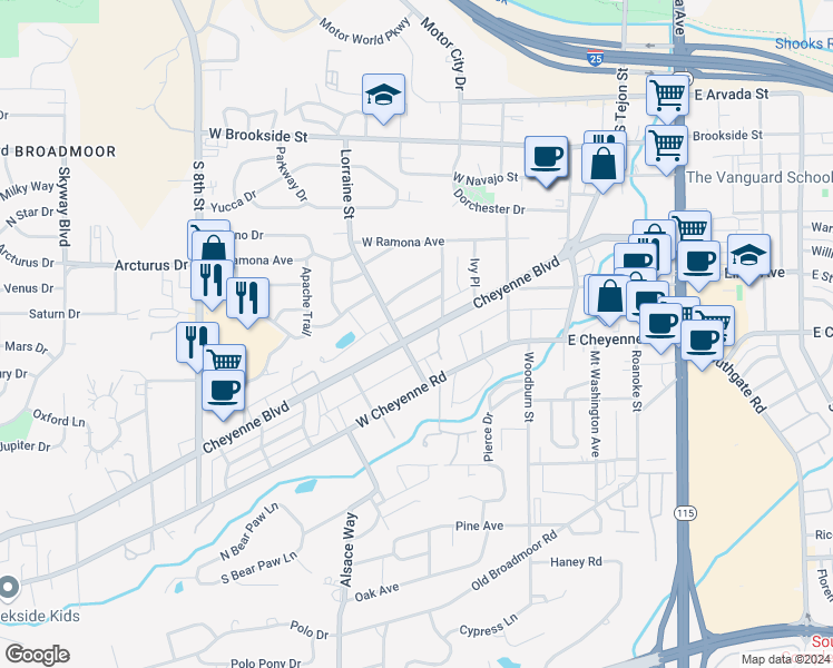 map of restaurants, bars, coffee shops, grocery stores, and more near 215 Cheyenne Boulevard in Colorado Springs