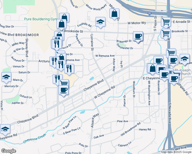 map of restaurants, bars, coffee shops, grocery stores, and more near 1702 Lorraine Street in Colorado Springs
