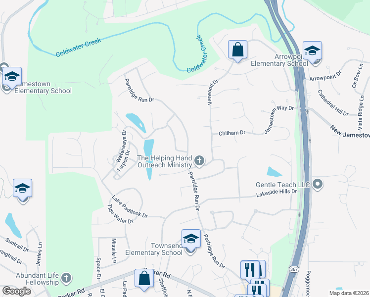 map of restaurants, bars, coffee shops, grocery stores, and more near 12707 Merribrook Drive in Florissant