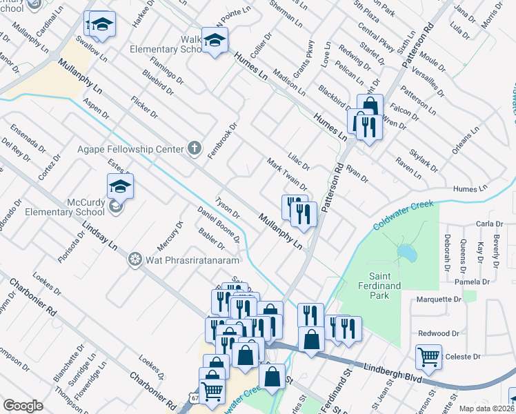 map of restaurants, bars, coffee shops, grocery stores, and more near 740 Mullanphy Road in Florissant
