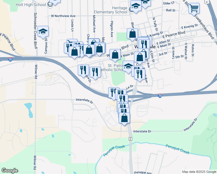 map of restaurants, bars, coffee shops, grocery stores, and more near in Wentzville