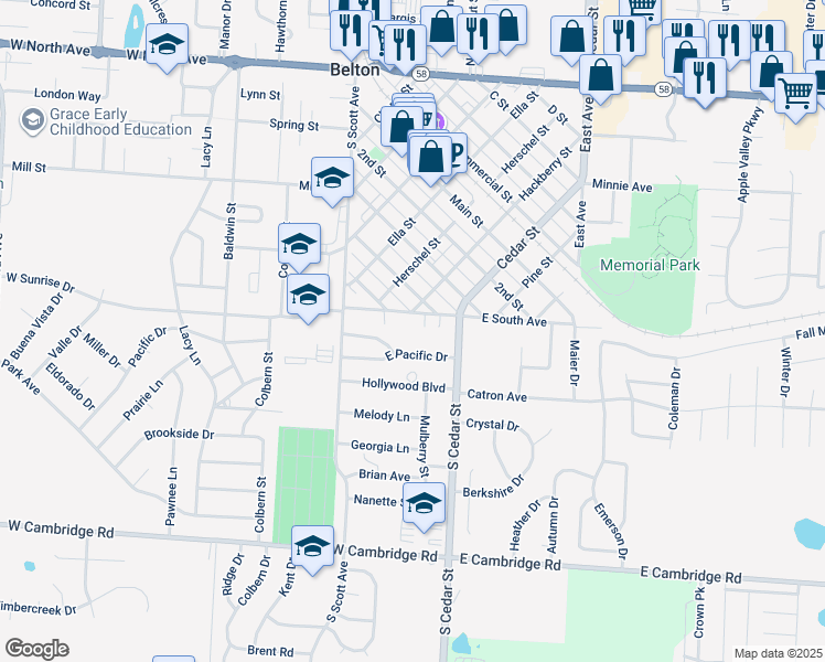map of restaurants, bars, coffee shops, grocery stores, and more near 138 East Sunrise Drive in Belton