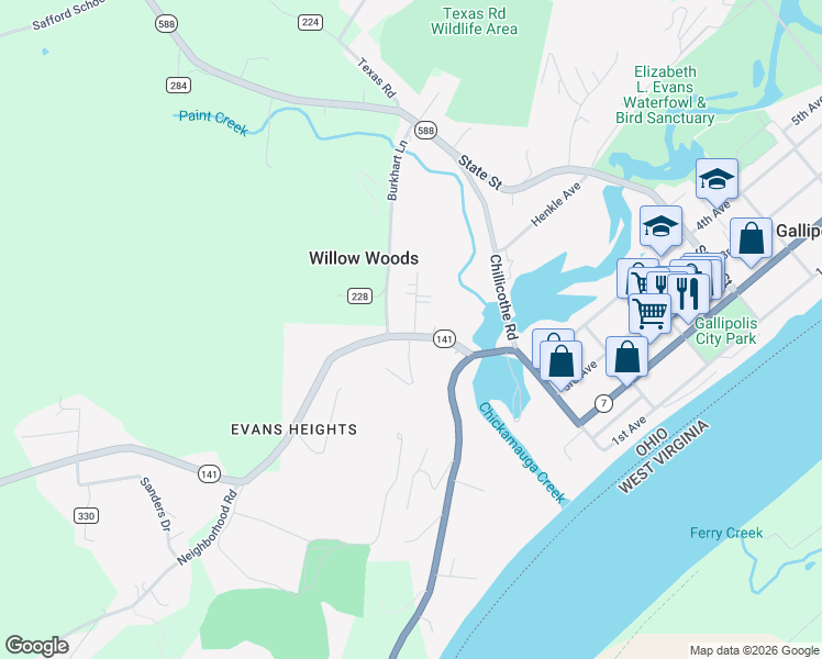 map of restaurants, bars, coffee shops, grocery stores, and more near 21 Portsmouth Road in Gallipolis