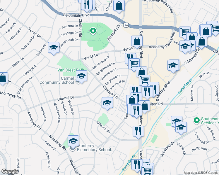 map of restaurants, bars, coffee shops, grocery stores, and more near 3535 Ironwood Place in Colorado Springs