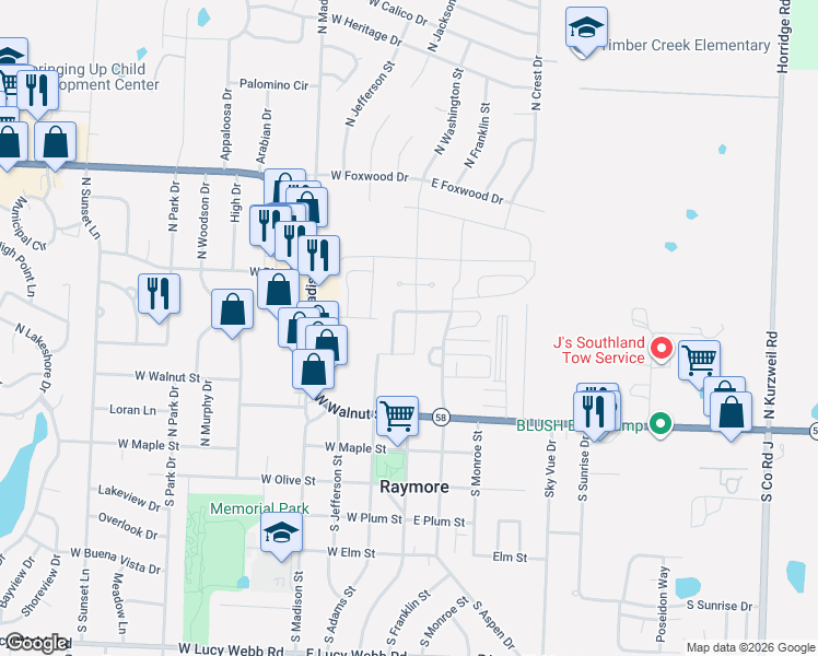 map of restaurants, bars, coffee shops, grocery stores, and more near 213 North Pointe Lane in Raymore