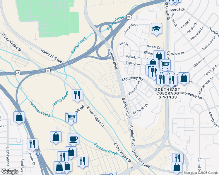 map of restaurants, bars, coffee shops, grocery stores, and more near 1878 Springs Vista Street in Colorado Springs