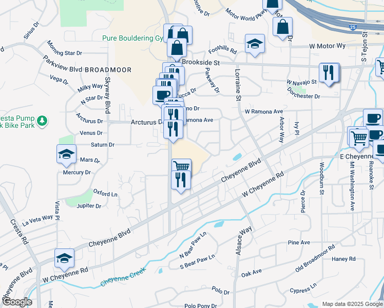 map of restaurants, bars, coffee shops, grocery stores, and more near 1769 South 8th Street in Colorado Springs