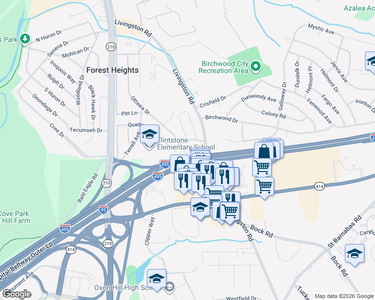 map of restaurants, bars, coffee shops, grocery stores, and more near 6047 Livingston Road in Oxon Hill