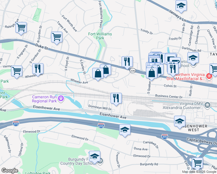 map of restaurants, bars, coffee shops, grocery stores, and more near 3640 Wheeler Avenue in Alexandria