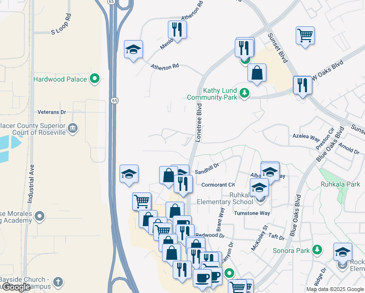 map of restaurants, bars, coffee shops, grocery stores, and more near 6129 Lonetree Boulevard in Rocklin
