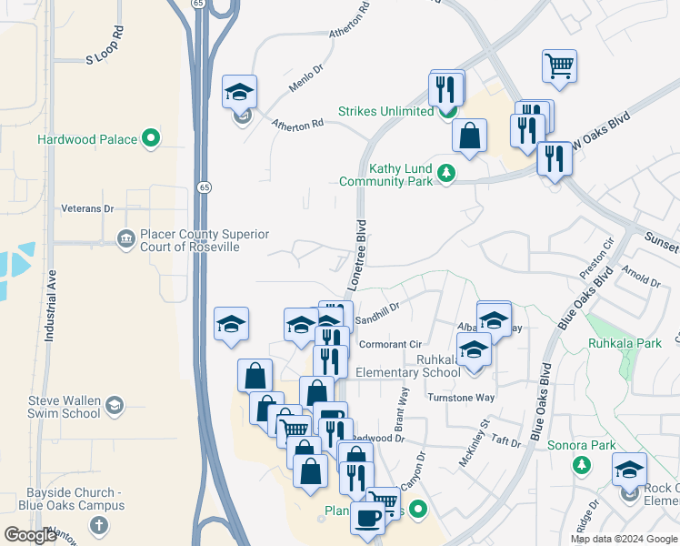 map of restaurants, bars, coffee shops, grocery stores, and more near 6119 Lonetree Boulevard in Rocklin