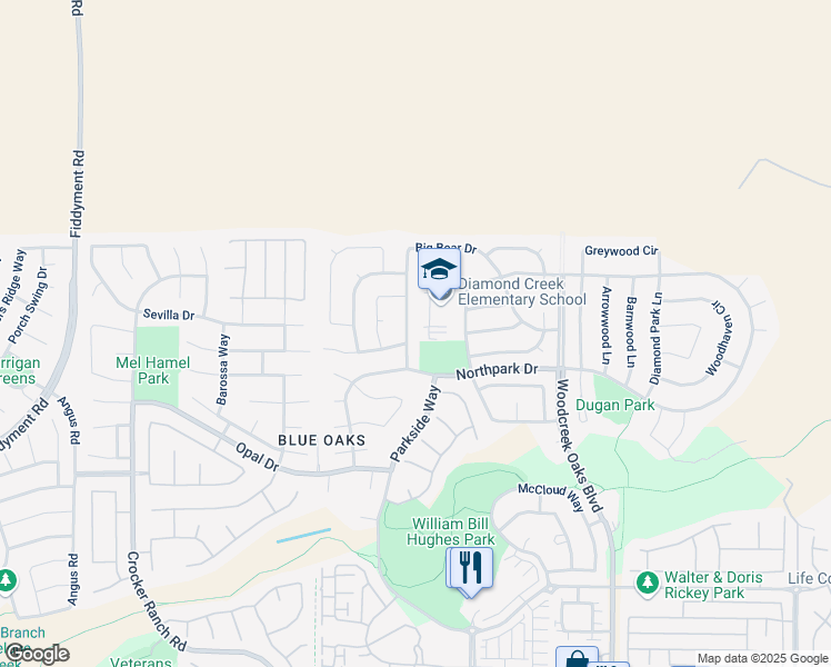 map of restaurants, bars, coffee shops, grocery stores, and more near 3040 Big Bear Drive in Roseville
